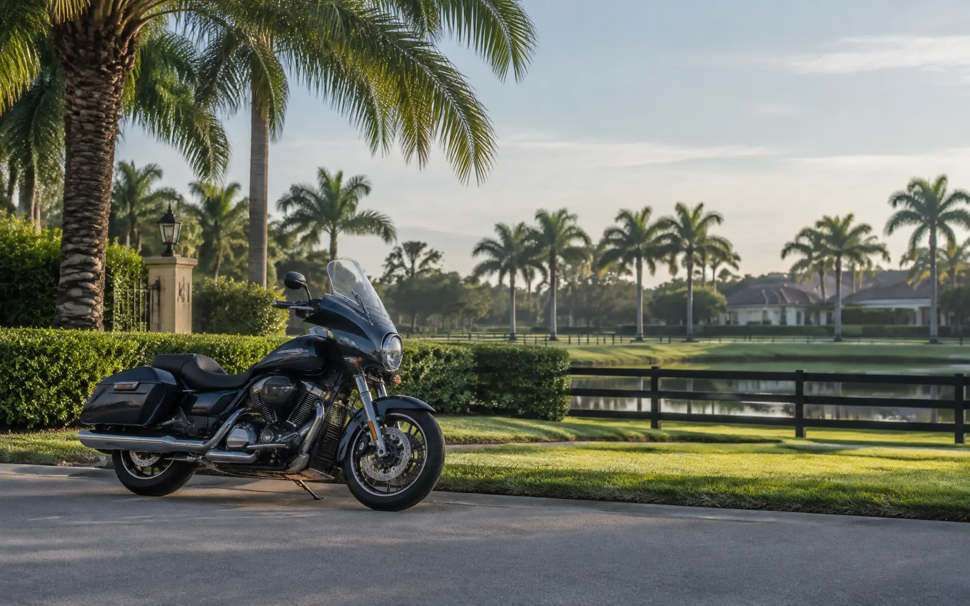 Motorcycle parked beside a scenic Florida road